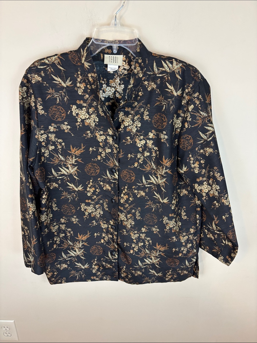 Vintage TEDDI Brown Asian Print Satin Jacquard Mandarin Collar  Top Large